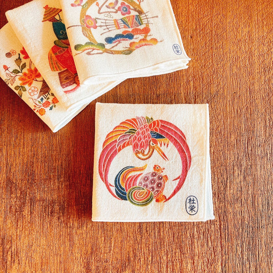 鶴と亀（琉球紅型ハンカチ）